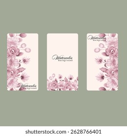 Vector, wedding invitation  card template set. Watercolor style, purple, violet, white garden rose flowers, eucalyptus leaf bouquet illustration. 