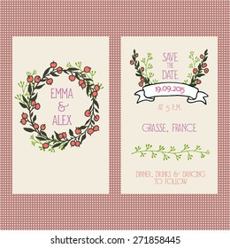 Vector wedding invitation card template with hand drawn floral wreath and borders. Beautiful design of a two-paged card.
