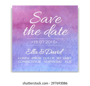 Vector wedding invitation card Template with watercolor background. Save the date cart in blue and violet colors
