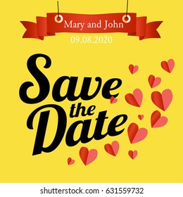 Vector Wedding invitation card template with vintage colorful balloons. ribbon and hearts