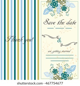 Vector wedding invitation card in vintage boho style, two sides. Hand drawn elements, arrows.
