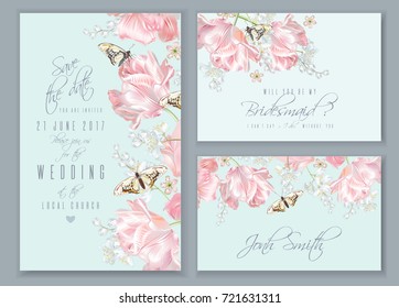 Vector wedding invitation cards set with pink tulip flowers and butterflies. Save the date, bridesmaid, name cards. Can be used as greeting card, floral design for cosmetic, perfume, beauty products