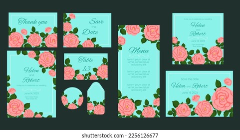 Vector wedding invitation cards template set with pink roses decoration. Background save the date , greeting card, flyer, brochure collection.