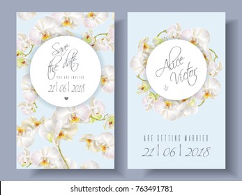 Vektorgrafik-Hochzeitskarten mit weißen orchiden Blumen auf blauem Hintergrund. Kann als Blumendesign für Kosmetik, Parfüm, Kosmetikprodukte verwendet werden. Grußkarte