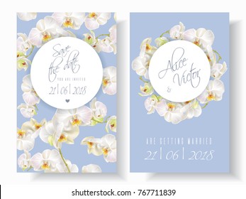 Vector wedding invitation cards with white orchid flowers on blue background. Can be used as floral design for cosmetics, perfume, beauty care products. greeting card