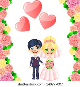 Vector wedding invitation with cute cartoon bride and groom in the frame of roses