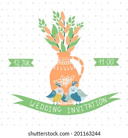 Vector wedding invitation with cute smiling bird, vase with bouquet and ribbons