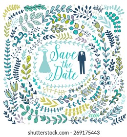 Vector wedding invitation, decorative frames and leaf. Spring elements. Floral doodles wheath.