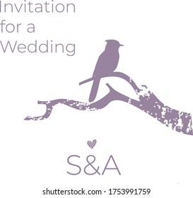 Vector wedding invitation design with branch and bird