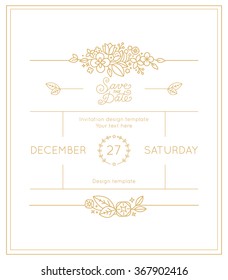 Vector wedding invitation design template with hand-lettering phrase save the date, floral decoration and copy space for text - design elements in trendy simple linear style