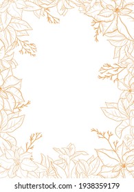 Vector wedding invitation with the elegant branch, leaves, flowers. Cute card with lettering. Floral art line frame. Simple template with golden design. Hand-drawn illustration.