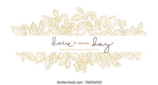 Vector wedding invitation with elegant mate branch, leaves, berries, flowers. Cute card with lettering. Floral art line frame. Simple template with golden design. Hand drawn illustration. Copy space 