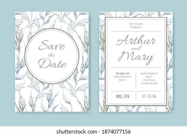 Vector wedding invitation with floral background and frame in light pastel colors. Decorative pages with text. Hand drawn blue and mint vintage hatched plant leaves. Outline drawing.