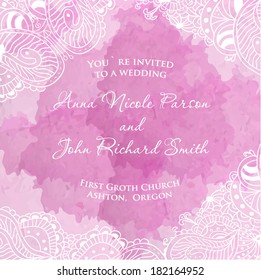 Vector wedding invitation with floral elements on watercolor pink background