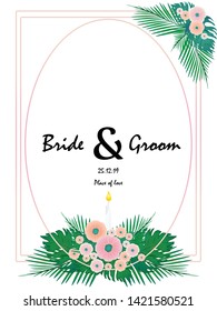 Vector Wedding Invitation, floral invite thank you , Vintage and modern card Design, pastel floral and palm leaves with Candle light frame pattern.
