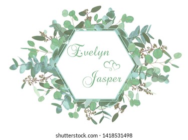 Vector wedding invitation flyer. Horizontal hexagon gold frame with set branches and leaves eucalyptus gunnii, silver dollar, leucoxylon greenery. Сard design, editable and isolated

