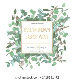 Vector wedding invitation flyer. Square gold frame with set branches and leaves eucalyptus gunnii, silver dollar, leucoxylon greenery. Сard design, editable and isolated
