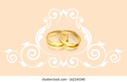 Vector wedding invitation with gold rings and floral decoration