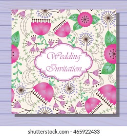 Vector wedding invitation with gradient flowers on wooden background