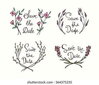 Vector wedding invitation graphics. Vector collection of hand drawn floral wreath with hand written inscription Save The Date. Beautiful floral wedding design.