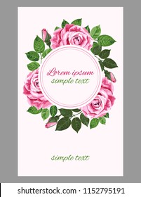 Vector wedding invitation or greeting card with tender pink roses wreath and round frame for text