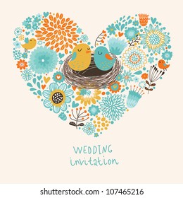 Vector wedding invitation with heart, flowers and birds