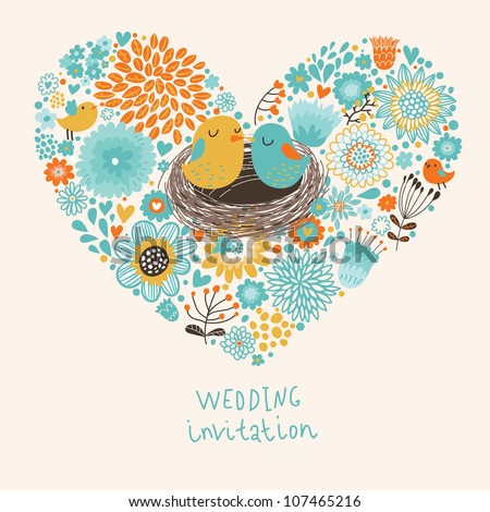Vector wedding invitation with heart, flowers and birds