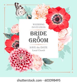 Vector wedding invitation with high detailed flowers