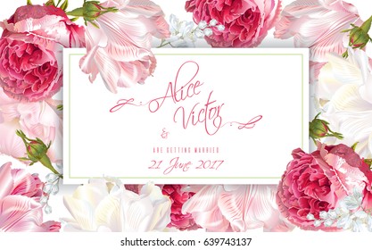 Vector wedding invitation horizontal card with garden rose and tulip flowers on white background. Can be used as floral design for cosmetics, perfume, health care products, sweets packaging