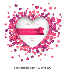 Invitación a la boda vectorial. Inscripción:Guarde la fecha. Cinta dentro del corazón sobre fondo blanco