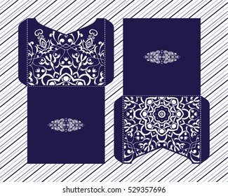 Vector wedding invitation with laser cut pattern. Laser cut envelope, design, mandala, ethnic style laser cut wedding invitation. Collection envelopes for laser cutting Mandala