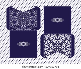 Vector wedding invitation with laser cut pattern. Laser cut envelope, design, mandala, ethnic style laser cut wedding invitation. Collection envelopes for laser cutting Mandala
