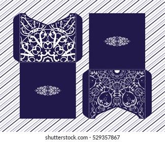 Vector wedding invitation with laser cut pattern. Laser cut envelope, design, mandala, ethnic style laser cut wedding invitation. Collection envelopes for laser cutting Mandala