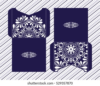 Vector wedding invitation with laser cut pattern. Laser cut envelope, design, mandala, ethnic style laser cut wedding invitation. Collection envelopes for laser cutting Mandala