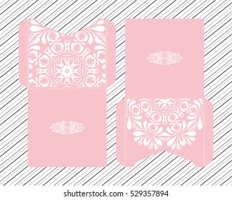 Vector wedding invitation with laser cut pattern. Laser cut envelope, design, mandala, ethnic style laser cut wedding invitation. Collection envelopes for laser cutting Mandala