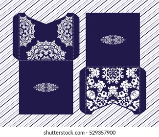 Vector wedding invitation with laser cut pattern. Laser cut envelope, design, mandala, ethnic style laser cut wedding invitation. Collection envelopes for laser cutting Mandala