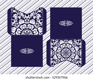 Vector wedding invitation with laser cut pattern. Laser cut envelope, design, mandala, ethnic style laser cut wedding invitation. Collection envelopes for laser cutting Mandala