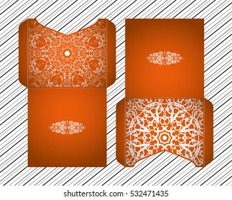 Vector wedding invitation with laser cut pattern. Laser cut envelope, design, mandala, ethnic style laser cut wedding invitation. Collection envelopes for laser cutting Mandala
