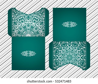 Vector wedding invitation with laser cut pattern. Laser cut envelope, design, mandala, ethnic style laser cut wedding invitation. Collection envelopes for laser cutting Mandala