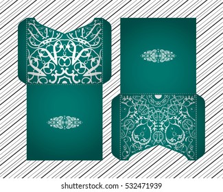Vector wedding invitation with laser cut pattern. Laser cut envelope, design, mandala, ethnic style laser cut wedding invitation. Collection envelopes for laser cutting Mandala
