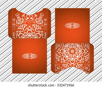 Vector wedding invitation with laser cut pattern. Laser cut envelope, design, mandala, ethnic style laser cut wedding invitation. Collection envelopes for laser cutting Mandala