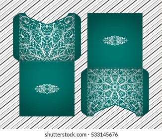 Vector wedding invitation with laser cut pattern. Laser cut envelope, design, mandala, ethnic style laser cut wedding invitation. Collection envelopes for laser cutting Mandala