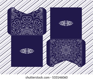 Vector wedding invitation with laser cut pattern. Laser cut envelope, design, mandala, ethnic style laser cut wedding invitation. Collection envelopes for laser cutting Mandala