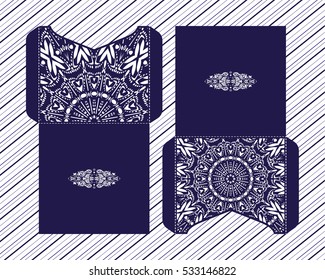 Vector wedding invitation with laser cut pattern. Laser cut envelope, design, mandala, ethnic style laser cut wedding invitation. Collection envelopes for laser cutting Mandala