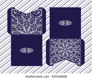 Vector wedding invitation with laser cut pattern. Laser cut envelope, design, mandala, ethnic style laser cut wedding invitation. Collection envelopes for laser cutting Mandala