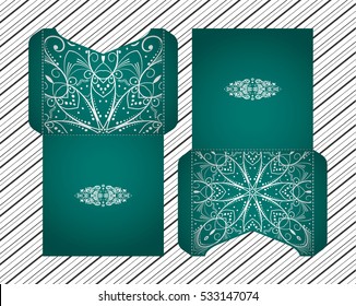 Vector wedding invitation with laser cut pattern. Laser cut envelope, design, mandala, ethnic style laser cut wedding invitation. Collection envelopes for laser cutting Mandala