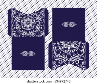 Vector wedding invitation with laser cut patterns of the mandala. Envelope design, ethnic style laser cut invitations. Collection envelopes for laser cutting.