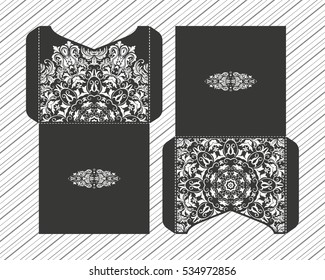 Vector wedding invitation with laser cut patterns of the mandala. Envelope design, ethnic style laser cut invitations. Collection envelopes for laser cutting.