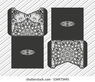 Vector wedding invitation with laser cut patterns of the mandala. Envelope design, ethnic style laser cut invitations. Collection envelopes for laser cutting.