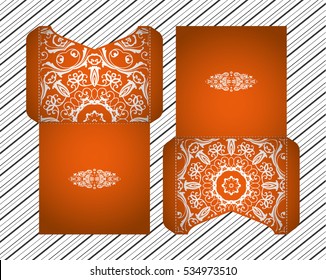 Vector wedding invitation with laser cut patterns of the mandala. Envelope design, ethnic style laser cut invitations. Collection envelopes for laser cutting.